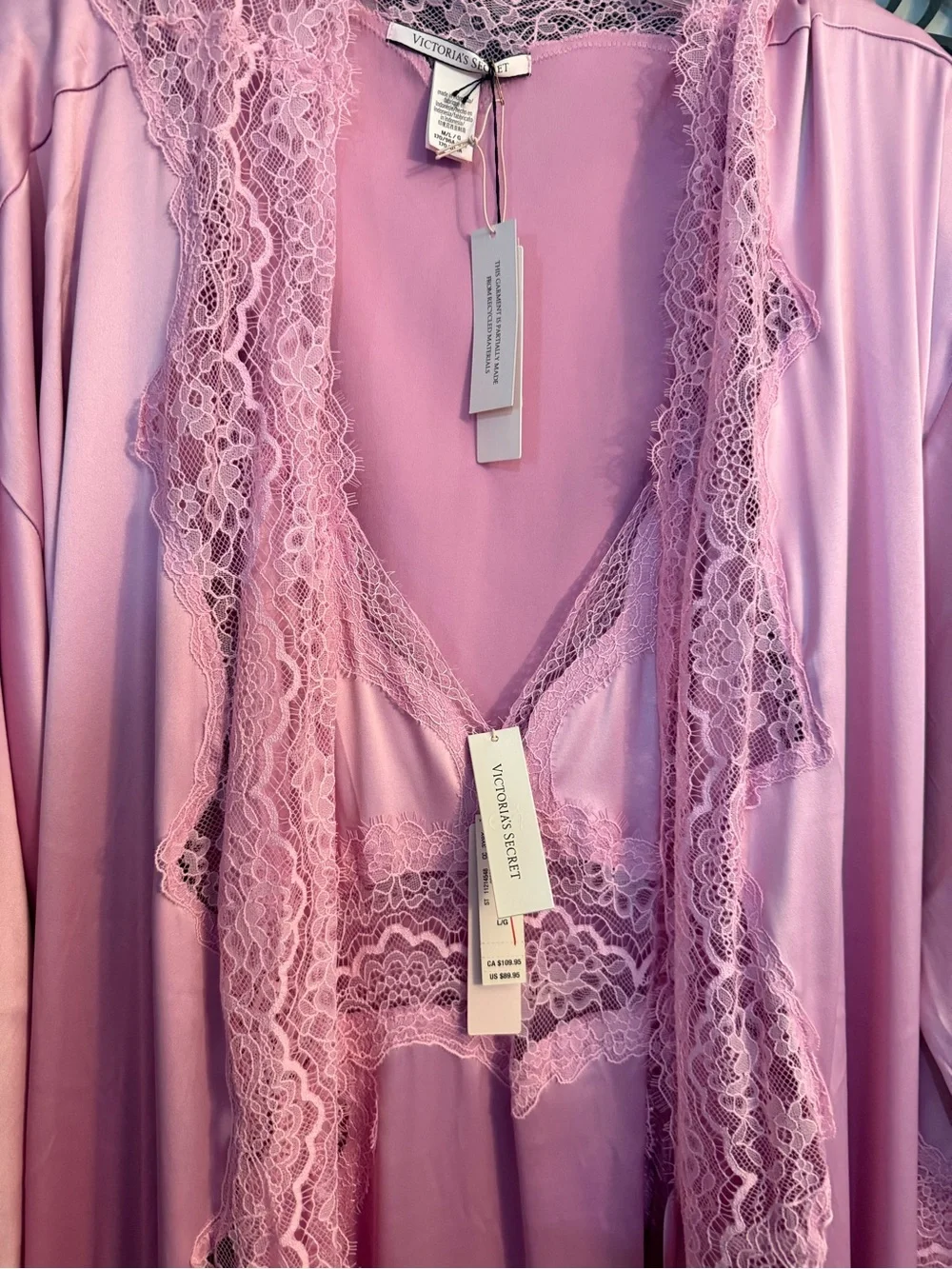 Victoria Secret Long Satin Pink Lace Trim Satin Nightgown & Robe Set